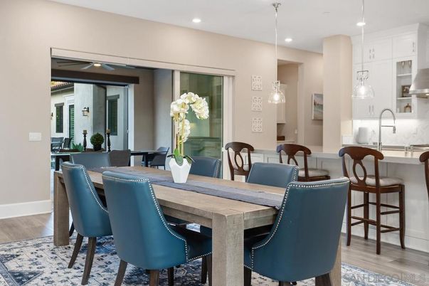 Dining room, Interior, Kitchen, Pendant Lights, Recessed Lighting, Wood Texture Flooring