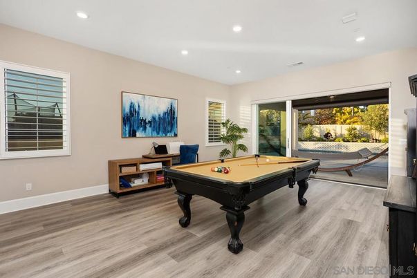 Billiard Table, Game Room, Interior, Recessed Lighting, Wood Texture Flooring