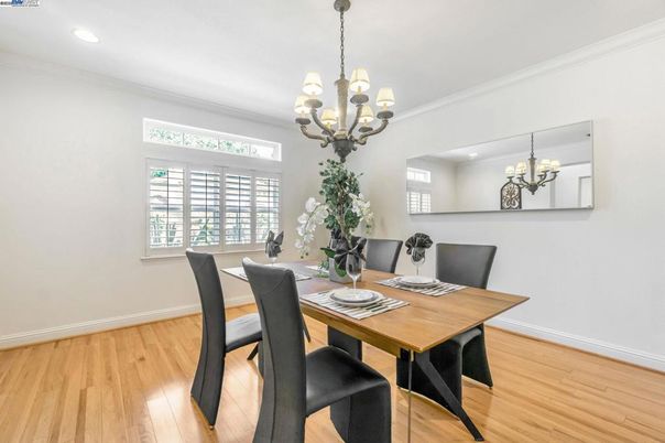 Chandelier, Dining room, Interior, Recessed Lighting, Wood Texture Flooring
