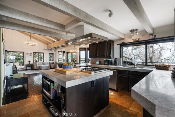 Chandelier, Interior, Kitchen, Living room, Pendant Lights, Stainless Steel Appliances, Wooden Beams
