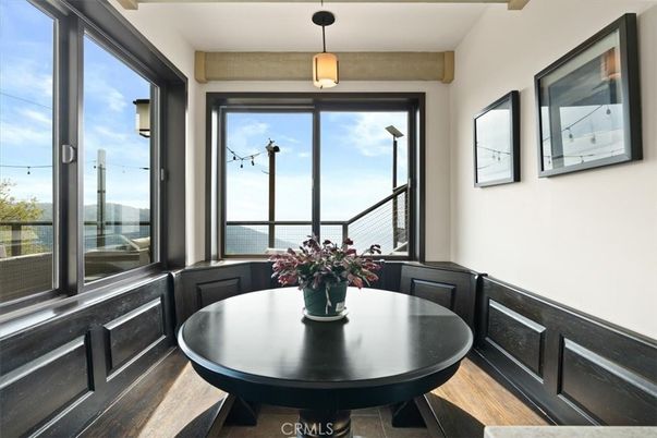 Dining room, Interior, Pendant Lights, Wood Texture Flooring