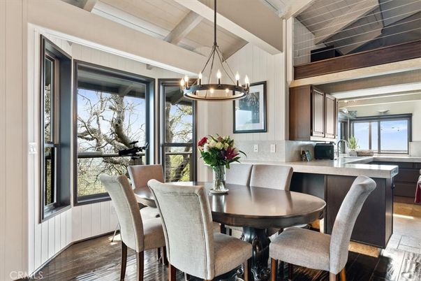 Chandelier, Dining room, Interior, Kitchen, Pendant Lights, Wooden Beams, Wood Texture Flooring