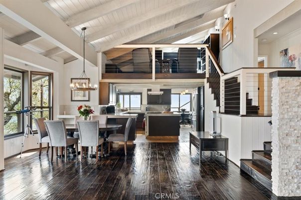 Chandelier, Dining room, Interior, Kitchen, Pendant Lights, Wooden Beams, Wood Texture Flooring
