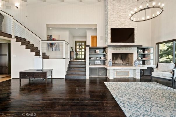 Fireplace, Interior, Pendant Lights, Recessed Lighting, Wood Texture Flooring
