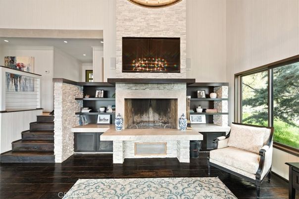 Fireplace, Interior, Recessed Lighting, Wood Texture Flooring