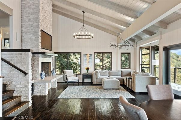 Fireplace, Interior, Living room, Pendant Lights, Stone Walls, Wooden Beams, Wooden Ceilings, Wood Texture Flooring