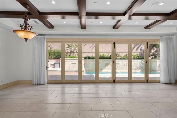 Empty room, Interior, Pendant Lights, Recessed Lighting, Wooden Beams
