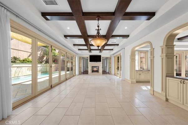 Empty room, Fireplace, Interior, Pendant Lights, Recessed Lighting, Wooden Beams