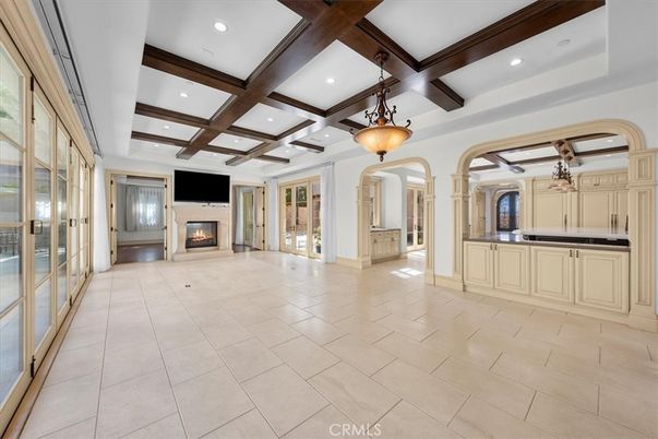 Empty room, Fireplace, Interior, Pendant Lights, Recessed Lighting, Wooden Beams