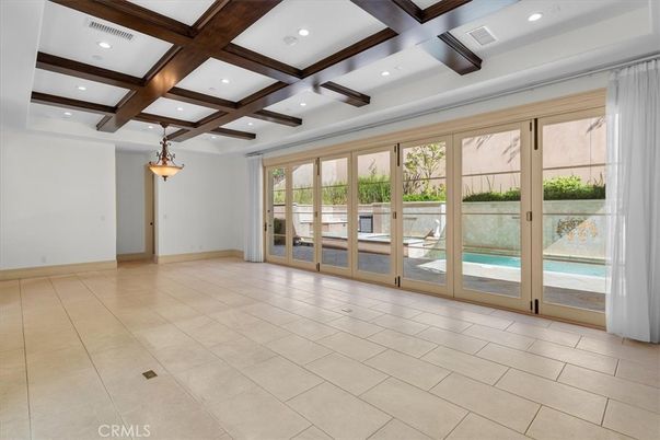Empty room, Interior, Pendant Lights, Recessed Lighting, Wooden Beams