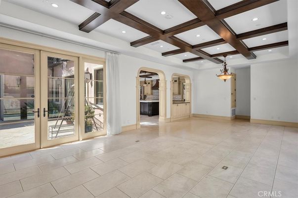 Empty room, Interior, Pendant Lights, Recessed Lighting, Wooden Beams