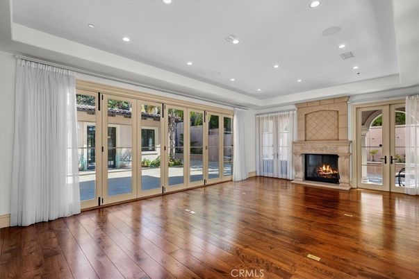 Empty room, Fireplace, Interior, Recessed Lighting, Wood Texture Flooring