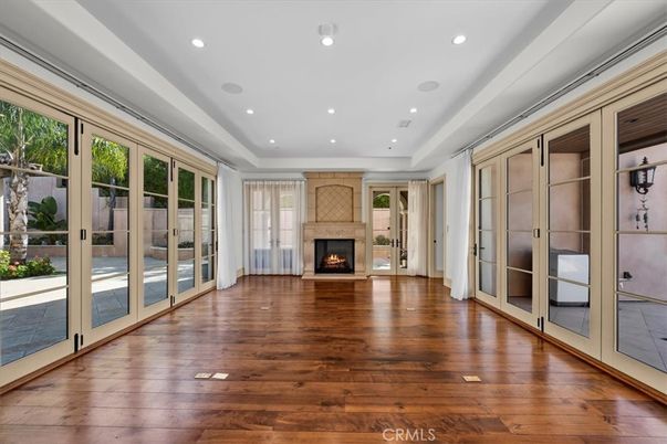 Empty room, Fireplace, Interior, Recessed Lighting, Wood Texture Flooring