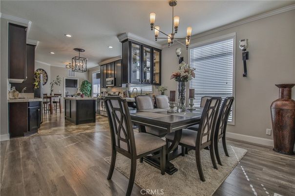 Chandelier, Dining room, Interior, Kitchen, Recessed Lighting, Wood Texture Flooring