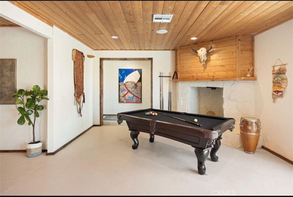 Billiard Table, Fireplace, Game Room, Interior, Recessed Lighting, Wooden Ceilings, Wooden Walls