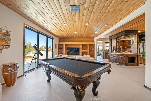 Billiard Table, Fireplace, Game Room, Interior, Recessed Lighting, Wooden Ceilings