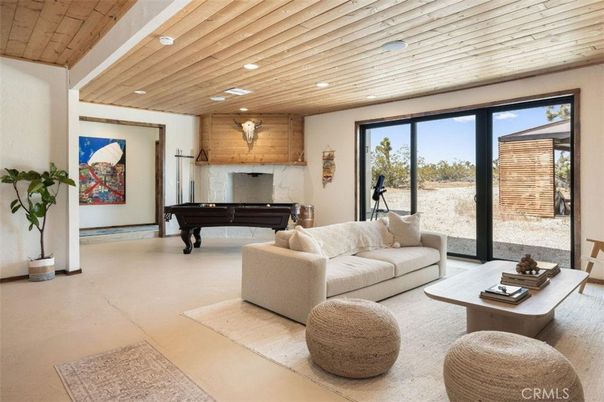 Billiard Table, Fireplace, Game Room, Interior, Living room, Piano, Recessed Lighting, Wooden Ceilings