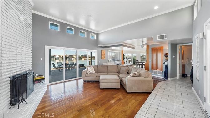 Dining room, Interior, Living room, Recessed Lighting, Water, Wood Texture Flooring