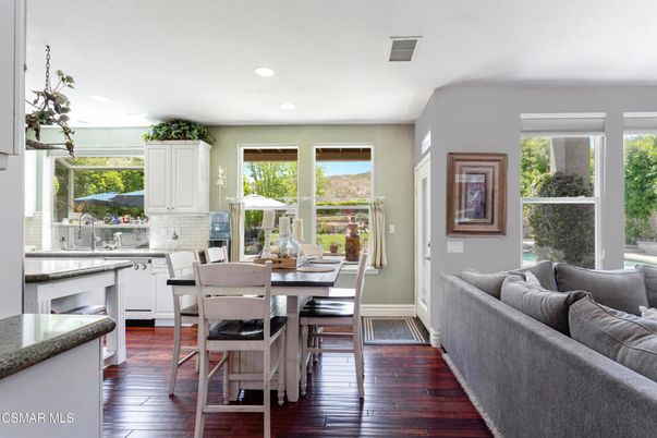 Dining room, Interior, Kitchen, Living room, Recessed Lighting, Wood Texture Flooring