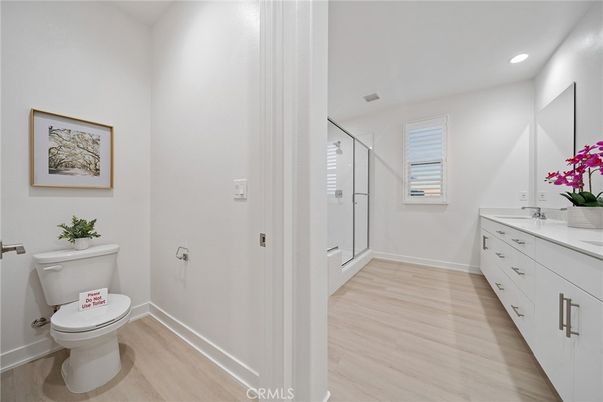 Bathroom, Glass Shower, Interior, Recessed Lighting, Wood Texture Flooring