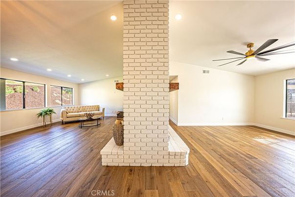 Interior, Living room, Recessed Lighting, Stone Walls, Wood Texture Flooring
