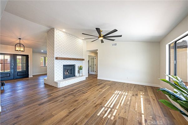 Empty room, Fireplace, Interior, Recessed Lighting, Wood Texture Flooring