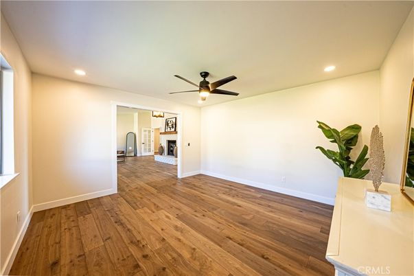 Empty room, Fireplace, Interior, Recessed Lighting, Wood Texture Flooring