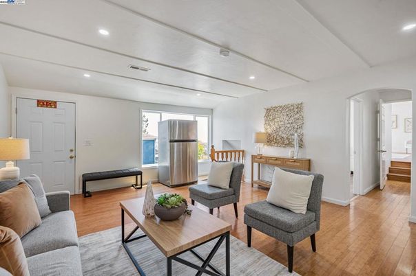 Interior, Kitchen, Living room, Recessed Lighting, Stainless Steel Appliances, Wood Texture Flooring