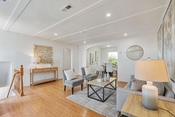 Dining room, Interior, Living room, Recessed Lighting, Wood Texture Flooring