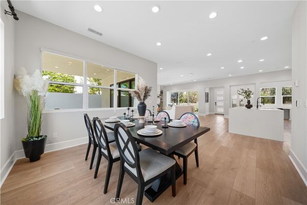 Dining room, Interior, Recessed Lighting, Wood Texture Flooring