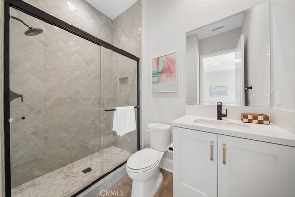 Bathroom, Glass Shower, Interior, Recessed Lighting, Wood Texture Flooring