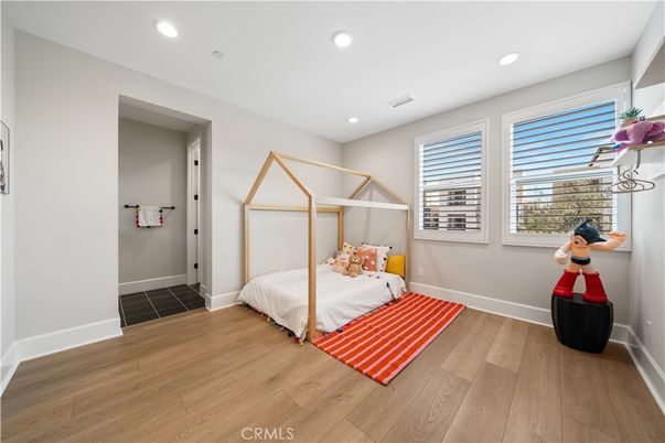 Bedroom, Interior, Recessed Lighting, Wood Texture Flooring