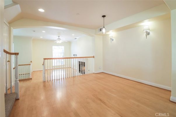 Empty room, Fireplace, Interior, Pendant Lights, Recessed Lighting, Wood Texture Flooring