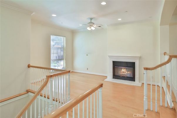 Empty room, Fireplace, Interior, Recessed Lighting, Wood Texture Flooring