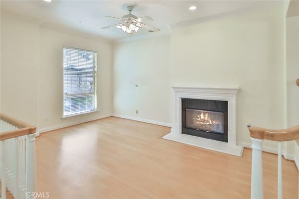 Empty room, Fireplace, Interior, Recessed Lighting, Wood Texture Flooring