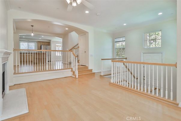 Fireplace, Interior, Pendant Lights, Recessed Lighting, Wood Texture Flooring