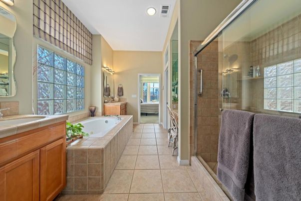 Bathroom, Glass Shower, Interior, Recessed Lighting, Tile Countertops