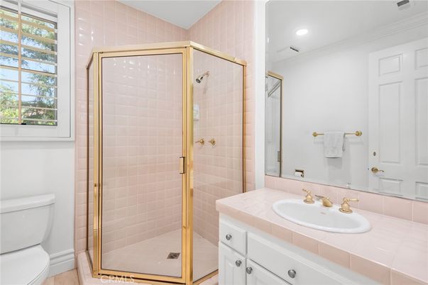 Bathroom, Glass Shower, Interior, Recessed Lighting, Tile Countertops