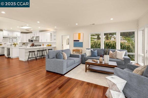 Interior, Kitchen, Living room, Recessed Lighting, Stainless Steel Appliances, Wood Texture Flooring