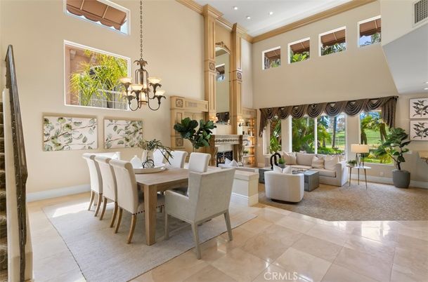 Chandelier, Dining room, Fireplace, Interior, Living room, Recessed Lighting