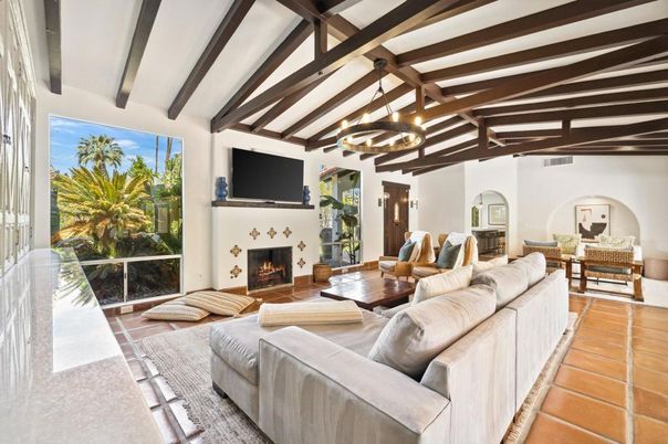 Fireplace, Interior, Living room, Pendant Lights, Piano, Wooden Beams