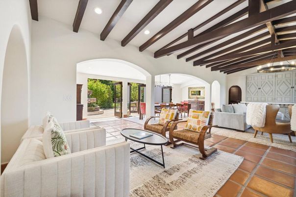Chandelier, Dining room, Interior, Living room, Pendant Lights, Recessed Lighting, Wooden Beams
