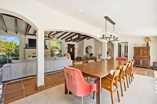 Chandelier, Dining room, Interior, Living room, Pendant Lights, Recessed Lighting, Wooden Beams