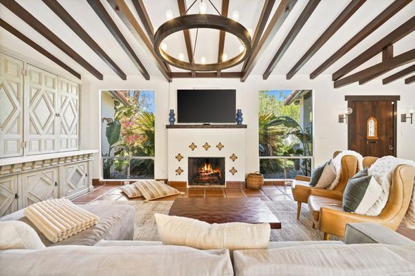 Fireplace, Interior, Living room, Pendant Lights, Wooden Beams