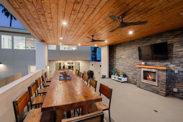 Dining room, Fireplace, Interior, Recessed Lighting, Stone Walls, Wooden Ceilings
