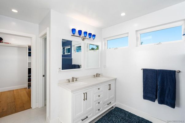Bathroom, Dual Sink Vanities, Interior, Recessed Lighting, Wood Texture Flooring