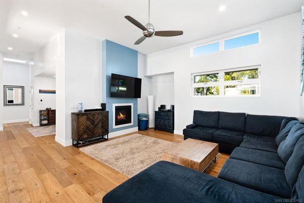 Fireplace, Interior, Living room, Recessed Lighting, Wood Texture Flooring
