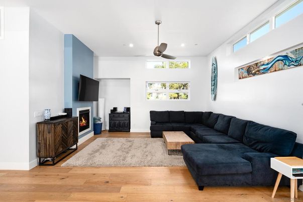 Fireplace, Interior, Living room, Recessed Lighting, Wood Texture Flooring