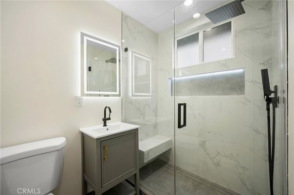 Bathroom, Glass Shower, Interior, Marble Walls, Recessed Lighting