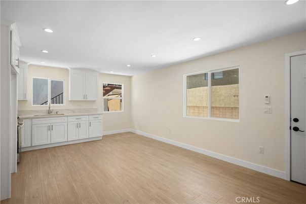 Empty room, Interior, Kitchen, Recessed Lighting, Wood Texture Flooring